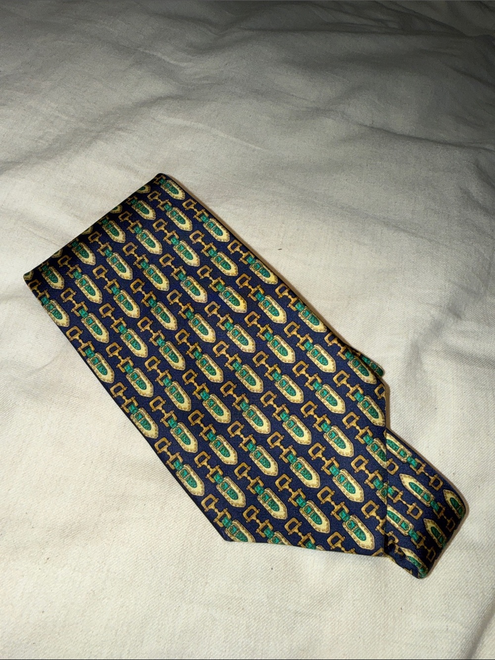Vintage Burberrys Classic Navy Patterned Men's Tie in Teal and Gold